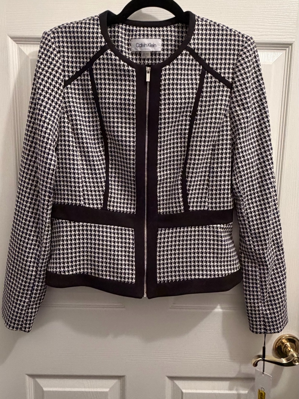 Calvin Klein Black & White Houndstooth Zip-Front Blazer